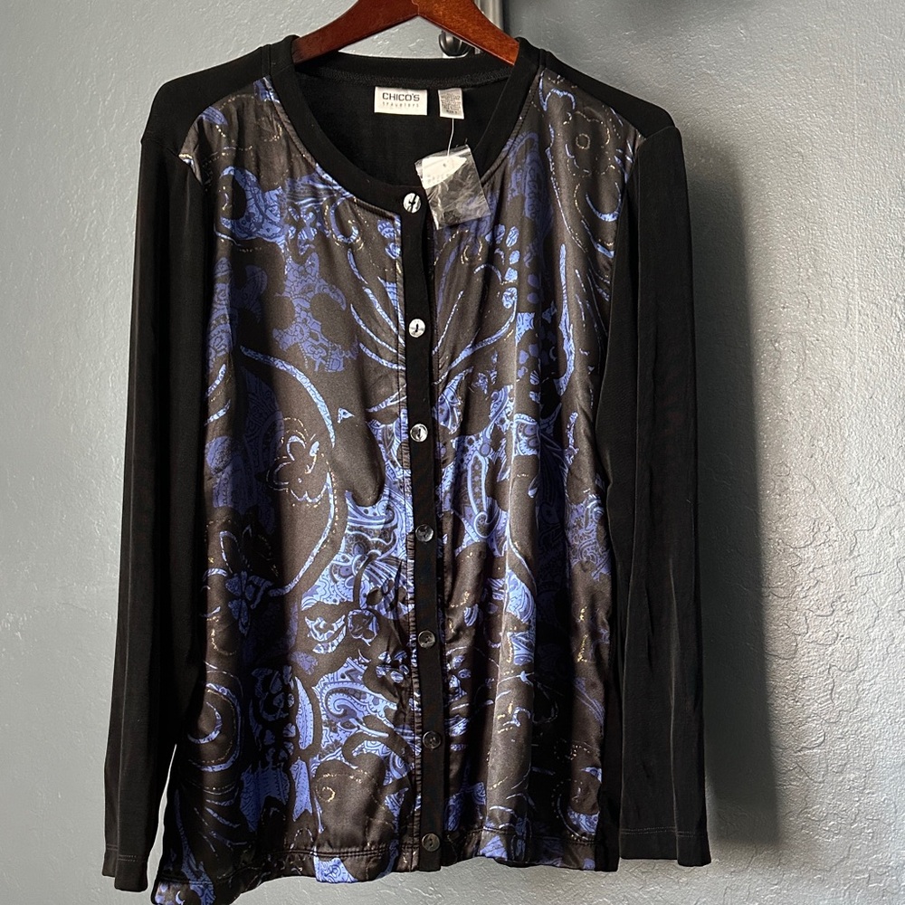 Chico's travelers Elegant Black and Blue Floral Cardigan